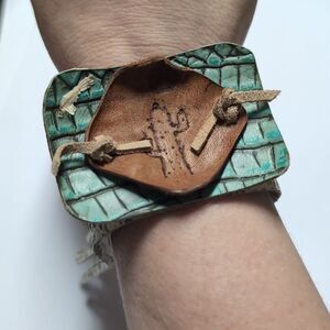 194 Brown White and Cream Southwestern Fringe Cactus Cuff Bracelet‎